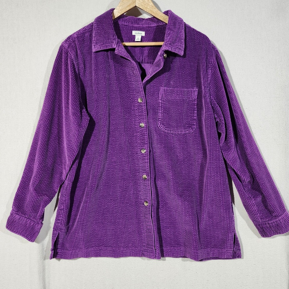 LL Bean Womens Purple Corduroy Button Down Shirt Long Sleeve Cotton Large 266127